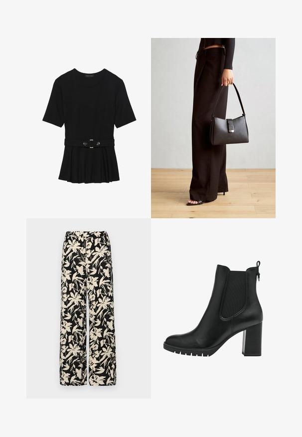 Top negru cu mâneci scurte, realizat dintr-un material neted, cu un design peplum și o talie beltată cu două butoane rotunde de culoare argintie.; Pantaloni negri cu croi larg, decorati cu un model floral crem. Fabricati dintr-un material usor, avand o textura neteda si un talie inalta.; Tamaris CHELSEA - Botine cu platformă - black; Genți negre cu o formă structurată, textură netedă și un închizător metalic. Asortată cu pantaloni negri largi și sandale cu vârf deschis pe un podea din lemn.