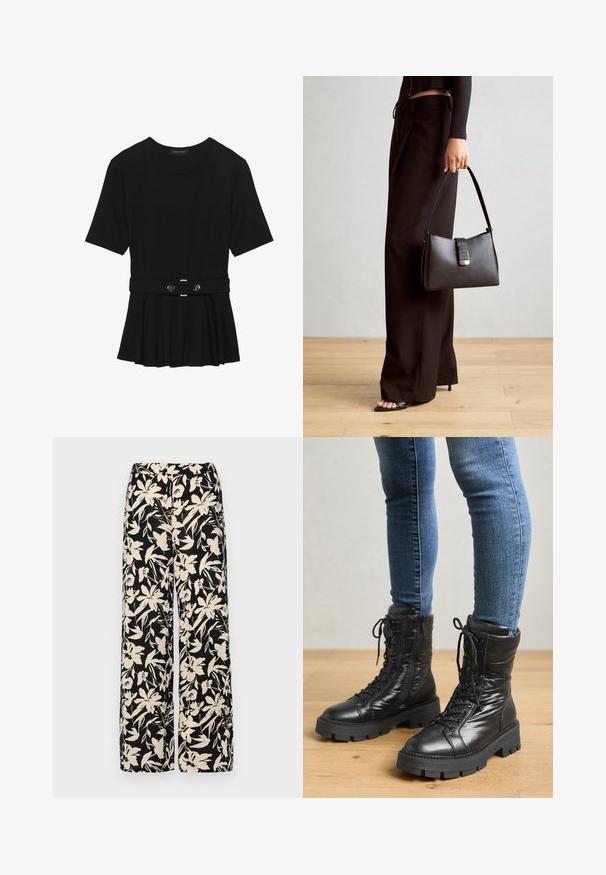 Svart kortermet topp laget av glatt materiale, med en peplum-design og en belted midje med to runde knapper i sølvfarge.; Sorte vide bukser med et cremet blomster mønster. Fremstillet af letvægtsstof, med en glat tekstur og en høj talje.; Sorte midislange kampstøvler i glat læder med snørebånd, polstrede sider og en tyk, robust sål. Designet med en struktureret form.; Svart håndveske med strukturert form, jevn tekstur og metallisk lås. Kombinert med brede svarte bukser og sandaler med åpen tå på tregulv.
