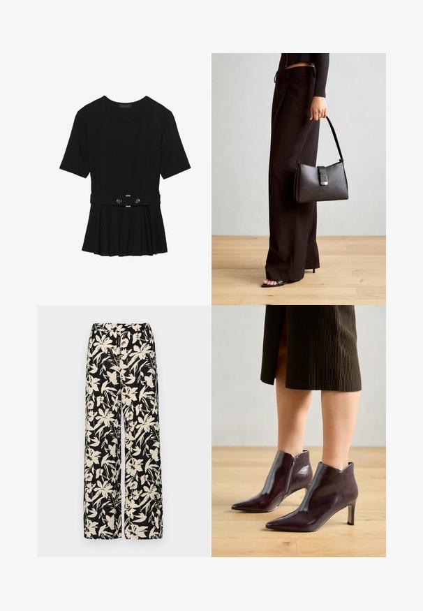 Top negru cu mâneci scurte, realizat dintr-un material neted, cu un design peplum și o talie beltată cu două butoane rotunde de culoare argintie.; Pantaloni negri cu croi larg, decorati cu un model floral crem. Fabricati dintr-un material usor, avand o textura neteda si un talie inalta.; Botine din piele maron cu vârf ascuțit și toc subțire. Au un fermoar lateral și o textură netedă, lucioasă.; Genți negre cu o formă structurată, textură netedă și un închizător metalic. Asortată cu pantaloni negri largi și sandale cu vârf deschis pe un podea din lemn.