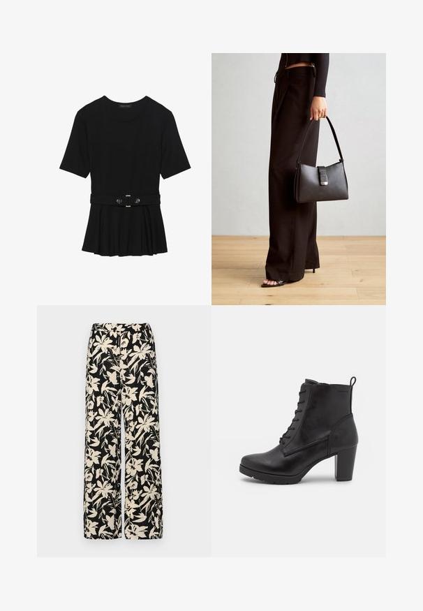 Μαύρη κοντομάνικη μπλούζα από λεία ύφανση, με σχέδιο peplum και ζωνάκι στη μέση, διακοσμημένο με δύο στρογγυρά, ασημί κουμπιά.; Μαύρο παντελόνι με φαρδιά πόδια και κρεμ σχέδιο λουλουδιών. Κατασκευασμένο από ελαφρύ ύφασμα, με μαλακή υφή και ψηλή μέση.; Μαύρη δερμάτινη μπότες μέχρι τον αστράγαλο με στρογγυλή μύτη, κορδόνια στην πρόσοψη, χοντρό τακούνι και αντίθετη σόλα; διαθέτει ραφές και θηλιαία για εύκολη φόρτωση.; Μαύρη τσάντα χειρός με δομημένο σχήμα, λεία υφή και μεταλλικό κούμπωμα. Συνδυασμένη με φαρδιά μαύρα παντελόνια και σανδάλια ανοιχτής μύτης πάνω σε ξύλινο πάτωμα.