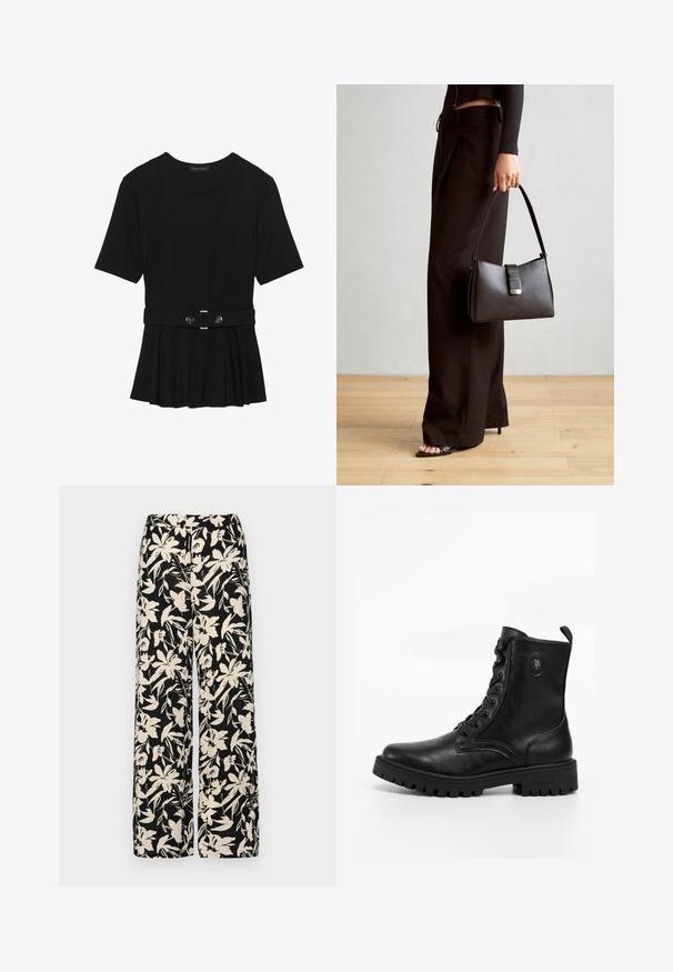 Top negro de manga corta fabricado en un material suave, con un diseño de peplum y una cintura ceñida con un cinturón que incluye dos botones redondos en tono plateado.; Pantalones de pierna ancha negros con un patrón floral crema. Fabricados en un tejido ligero, con una textura suave y una cintura alta.; Botín de cuero negro hasta el tobillo con diseño de cordones, punta redonda, suela de goma gruesa y un logotipo en relieve en el lateral. Acabado texturizado.; Bolso negro con forma estructurada, textura suave y un cierre metálico. Combinado con pantalones anchos negros y sandalias de dedo en un suelo de madera.
