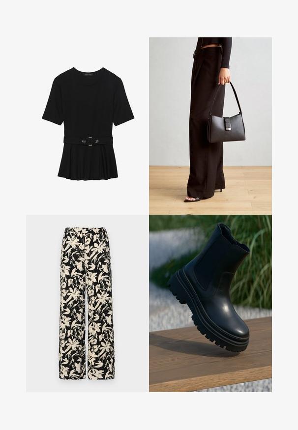 Top negru cu mâneci scurte, realizat dintr-un material neted, cu un design peplum și o talie beltată cu două butoane rotunde de culoare argintie.; Pantaloni negri cu croi larg, decorati cu un model floral crem. Fabricati dintr-un material usor, avand o textura neteda si un talie inalta.; Botină neagră din piele, cu talpă groasă, panouri laterale elastice și un finisaj neted. Design elevat cu detalii de profil contrastante.; Genți negre cu o formă structurată, textură netedă și un închizător metalic. Asortată cu pantaloni negri largi și sandale cu vârf deschis pe un podea din lemn.