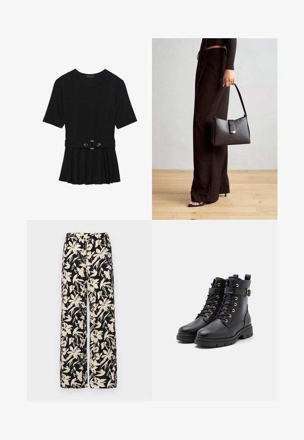 Haut noir à manches courtes fabriqué en matériau lisse, avec un design peplum et une taille ceinturée ornée de deux boutons ronds en métal argenté.; Pantalon large noir avec un motif floral crème. Fabriqué en tissu léger, il présente une texture lisse et une taille haute.; Bottes noires en cuir avec un bout rond, des lacets, œillets en or, un accent de boucle et une semelle épaisse et texturée.; Sac à main noir à la forme structurée, texture lisse et fermoir métallique. Associé à un pantalon noir ample et des sandales ouvertes sur un sol en bois.