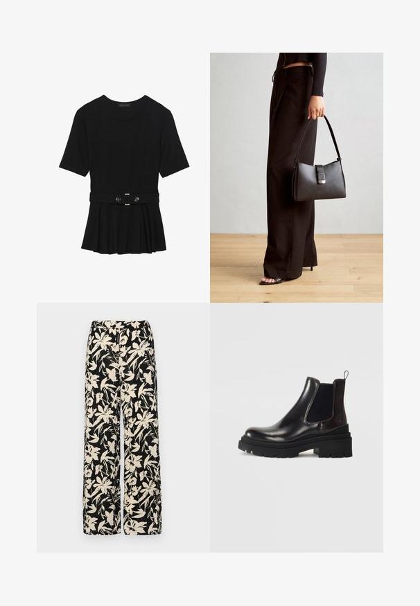 Svart kortärmad topp i slätt material med peplumdesign och bälte i midjan, prydd med två runda knappar i silverfärg.; Svarta vida byxor med ett krämfärgat blommönster. Tillverkade av lättviktig tyg med en slät yta och hög midja.; Tamaris Stövletter - merlot; Svart handväska med strukturerad form, slät yta och metallspänne. Matchad med vida svarta byxor och sandaler med öppen tå på trägolv.