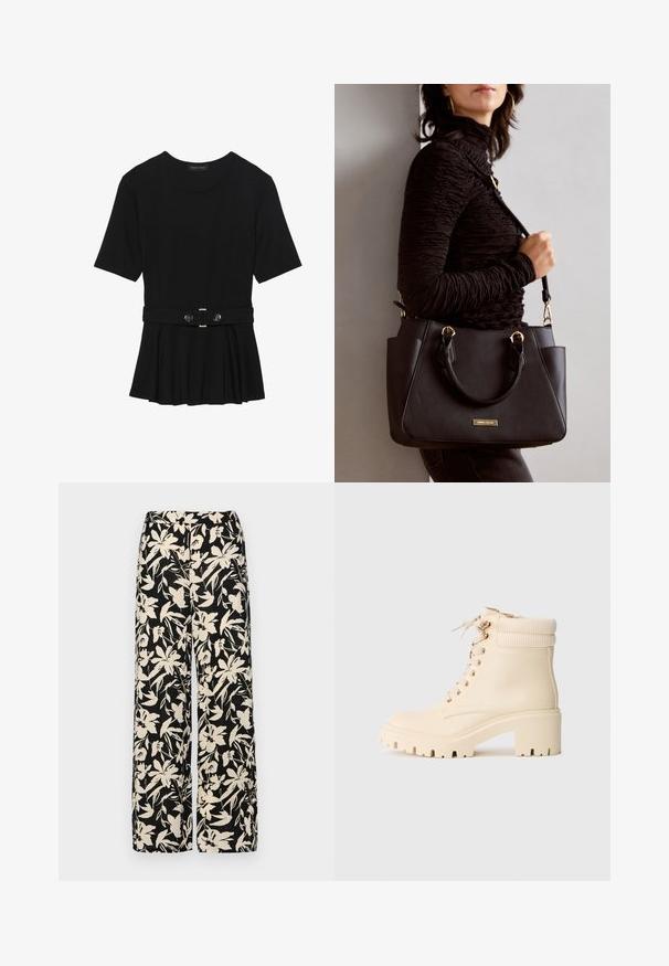 Crna majica kratkih rukava od glatkog materijala, s peplum dizajnom i pojasom s dva okrugla srebrna dugmeta.; Crne široke hlače s kremastim cvjetnim uzorkom. Izrađene od lagane tkanine, sa glatkom teksturom i visokim pojasom.; Krem-bijela gležnjača od glatke kože s rebrastim rubom, debelim potplatom i vezanjem sprijeda s zlatnim okicama.; Crna torba s teksturiranom površinom, dvostrukim gornjim ručkama i podesivom remenom za rame. Ima zlatne metalne detalje i bočne džepove.