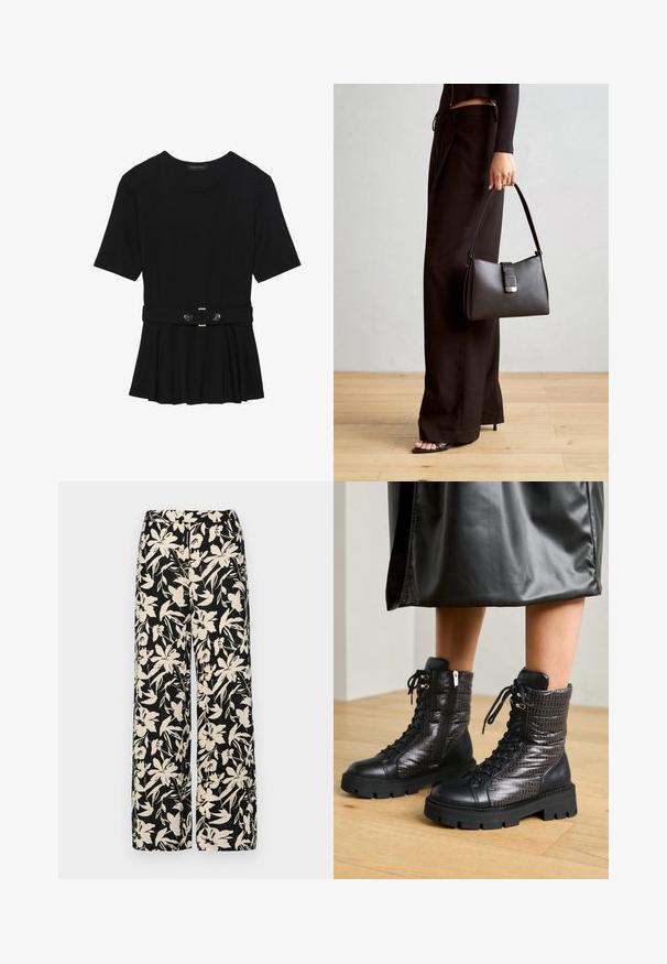 Black short-sleeve top made of smooth material, featuring a peplum design and a belted waist with two round, silver-tone buttons.; Black wide-leg pants with a cream floral pattern. Made of lightweight fabric, featuring a smooth texture and a high waistband.; Black leather ankle boots featuring a textured quilted upper, lace-up design, and a chunky rubber sole with patterned accents.; Black handbag with structured shape, smooth texture, and a metallic clasp. Paired with wide black pants and open-toe sandals on wooden floor.