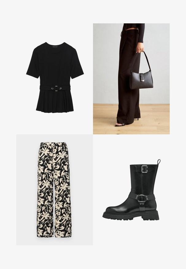 Top negro de manga corta fabricado en un material suave, con un diseño de peplum y una cintura ceñida con un cinturón que incluye dos botones redondos en tono plateado.; Pantalones de pierna ancha negros con un patrón floral crema. Fabricados en un tejido ligero, con una textura suave y una cintura alta.; Botín negro de cuero con una suela de goma resistente, que presenta una correa ancha con un anillo metálico y un detalle con hebilla en el costado para mayor diseño.; Bolso negro con forma estructurada, textura suave y un cierre metálico. Combinado con pantalones anchos negros y sandalias de dedo en un suelo de madera.