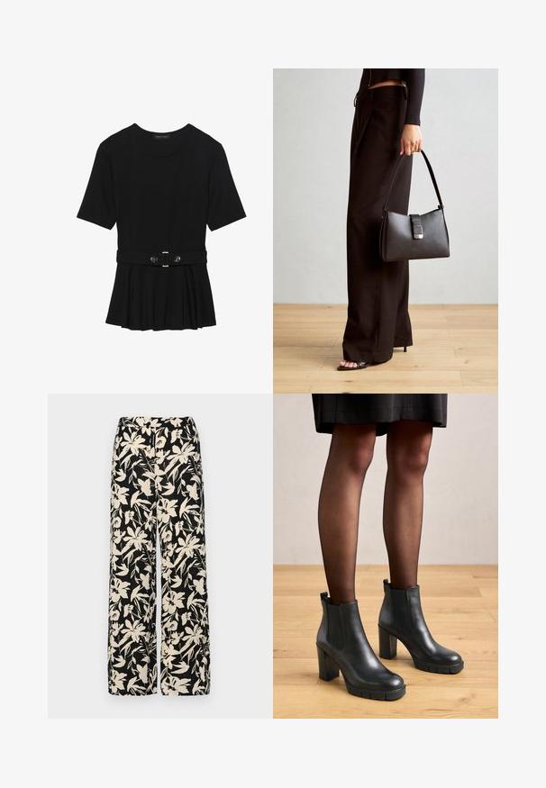 Top negro de manga corta fabricado en un material suave, con un diseño de peplum y una cintura ceñida con un cinturón que incluye dos botones redondos en tono plateado.; Pantalones de pierna ancha negros con un patrón floral crema. Fabricados en un tejido ligero, con una textura suave y una cintura alta.; Botas de tobillo de cuero negro con un acabado suave, tacón cuadrado, suela de goma gruesa y paneles laterales elásticos. Posicionadas sobre un suelo de madera.; Bolso negro con forma estructurada, textura suave y un cierre metálico. Combinado con pantalones anchos negros y sandalias de dedo en un suelo de madera.