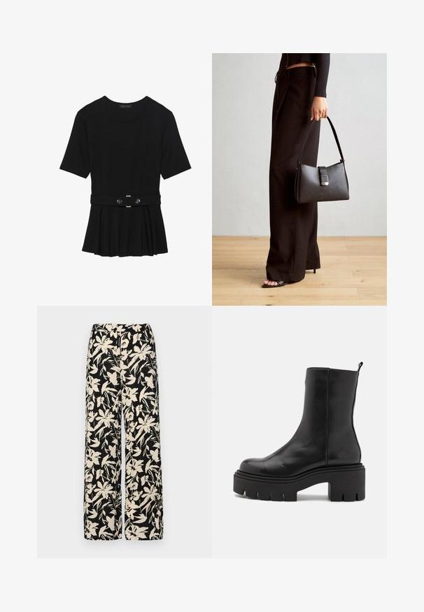 Svart kortermet topp laget av glatt materiale, med en peplum-design og en belted midje med to runde knapper i sølvfarge.; Sorte vide bukser med et cremet blomster mønster. Fremstillet af letvægtsstof, med en glat tekstur og en høj talje.; Svart lær ankelstøvler med en kraftig plattformsåle, med en glatt overflate og en løkkeopplegg bak for enkel påkledning.; Svart håndveske med strukturert form, jevn tekstur og metallisk lås. Kombinert med brede svarte bukser og sandaler med åpen tå på tregulv.
