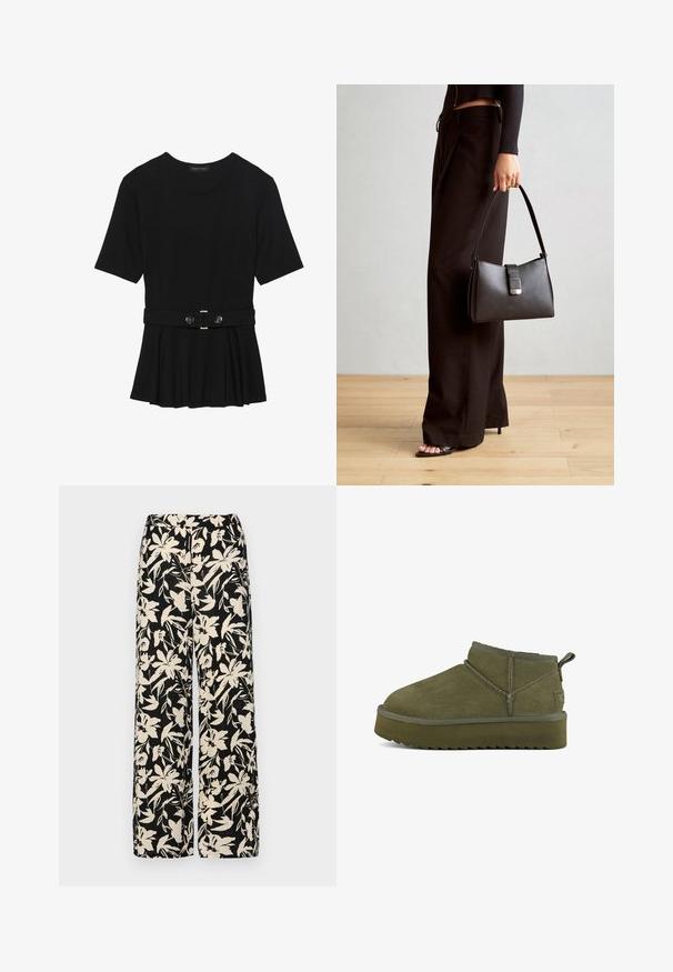 Musta lyhythihainen paita, joka on valmistettu sileästä materiaalista ja jossa on peplum-muotoilu sekä vyötäröllä vyö, jossa on kaksi pyöreää hopeanväristä nappia.; Mustat leveälahkeiset housut, joissa on kermaisen värinen kukkakuosi. Valmistettu kevyestä kankaasta, jossa on sileä pinta ja korkea vyötärö.; Vihreät mokkanahkasaappaat, joissa on pyöristetty varvas, tikatut yksityiskohdat ja textured-pohja. Takana on vetotappi helppoa pukemista varten.; Musta käsilaukku, jossa on rakenteellinen muoto, sileä pinta ja metallinen solki. Yhdistetty leveisiin mustiin housuihin ja avonaiheisiin sandaaleihin puulattialla.