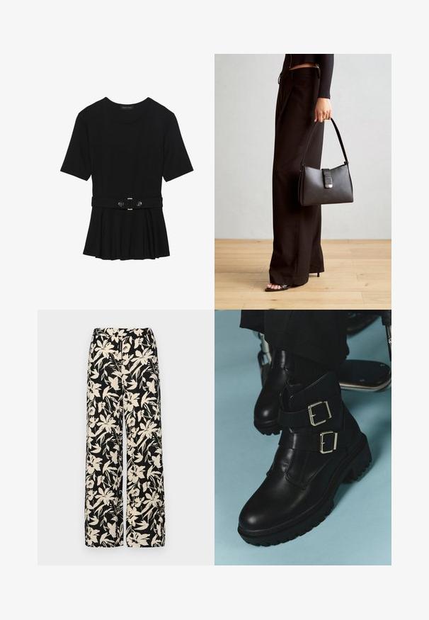 Černé krátké tričko vyrobené z hladkého materiálu, s peplum designem a opaskem v pase, ozdobené dvěma kulatými, stříbrnými knoflíky.; Černé kalhoty s širokými nohavicemi a krémovým květinovým vzorem. Vyrobené z lehké tkaniny, s hladkým povrchem a vysokým pasem.; Černé kožené boty s tlustou podrážkou a dvěma stříbrnými přezkami, nošené s černými kalhotami na světlomodré podlaze.; Černá kabelka se strukturovaným tvarem, hladkým povrchem a kovovým uzávěrem. Kombinována s širokými černými kalhotami a sandály s otevřenou špičkou na dřevěné podlaze.