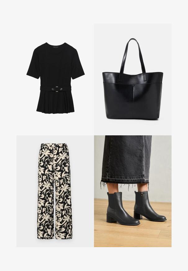 Fekete, rövid ujjú felső sima anyagból, peplum fazonnal és övvel a deréknál, két kerek, ezüst árnyalatú gombbal.; Fekete, bő szárú nadrág krém színű virágmintával. Könnyű anyagból készült, sima tapintású és magas derékrésszel rendelkezik.; Fekete bőrbakancs kerek orral és tömbtalppal. Oldalsó cipzárral és sima textúrával rendelkezik. Koptatott farmer szoknyával viselve.; Fekete bőr bevásárlótáska két hosszú fogantyúval, sima felülettel és strukturált formával. Elülső zseb található rajta a plusz tárolás érdekében.