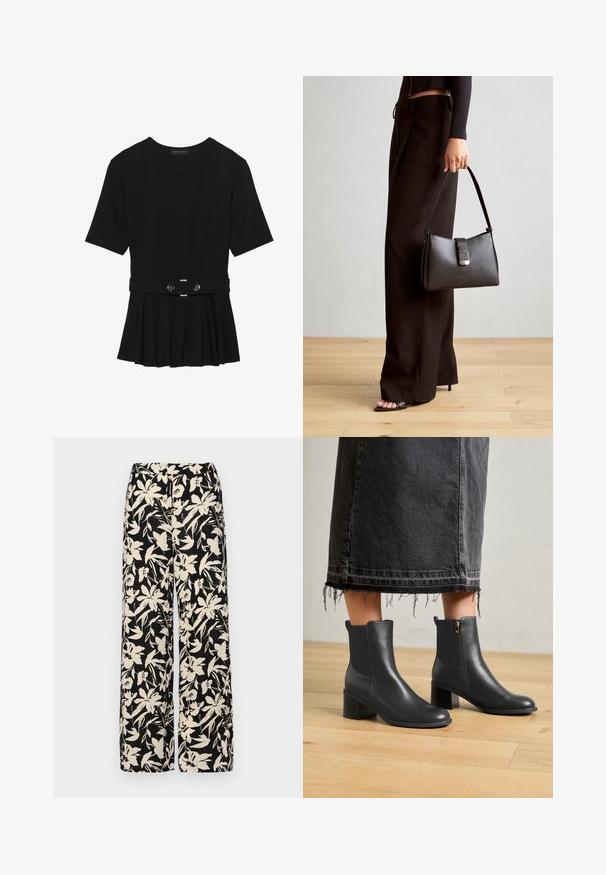 Top negro de manga corta fabricado en un material suave, con un diseño de peplum y una cintura ceñida con un cinturón que incluye dos botones redondos en tono plateado.; Pantalones de pierna ancha negros con un patrón floral crema. Fabricados en un tejido ligero, con una textura suave y una cintura alta.; Botas negras de cuero hasta el tobillo con punta redondeada y tacón cuadrado. Presentan una cremallera lateral y una textura suave. Combinadas con una falda de mezclilla deshilachada.; Bolso negro con forma estructurada, textura suave y un cierre metálico. Combinado con pantalones anchos negros y sandalias de dedo en un suelo de madera.