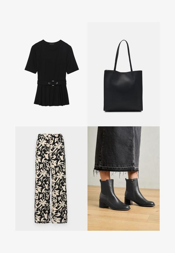 Črn kratek rokav srajca iz gladkega materiala, z obliko pepluma in pasom s pasom ter dvema okroglega srebrno-toniranima gumboma.; Črne široke hlače z kremnim cvetličnim vzorcem. Narejene so iz lahkega blaga, ki ima gladko teksturo in visok pas.; Črne usnjene gležnjarje z okroglo konico in blok peto. Imajo stranski zadrgo in gladko teksturo. Nosijo se z raztrganim denim krilom.; Črna usnjena torba s svilnato teksturo, pravokotne oblike in dvema dolgima ročajema. Brez vidnih metalnih delov ali okrasnih elementov.