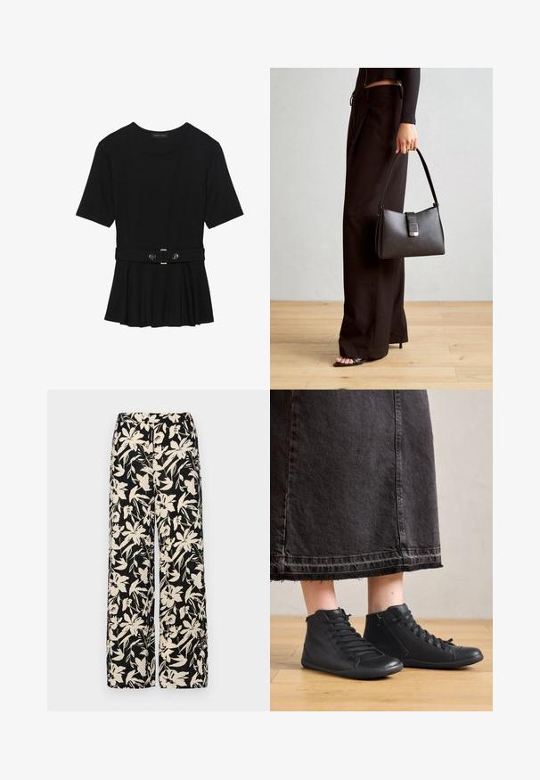 Black short-sleeve top made of smooth material, featuring a peplum design and a belted waist with two round, silver-tone buttons.; Black wide-leg pants with a cream floral pattern. Made of lightweight fabric, featuring a smooth texture and a high waistband.; Black leather high-top shoes with a smooth texture, featuring laces and a side zipper. Worn with a long black denim skirt.; Black handbag with structured shape, smooth texture, and a metallic clasp. Paired with wide black pants and open-toe sandals on wooden floor.