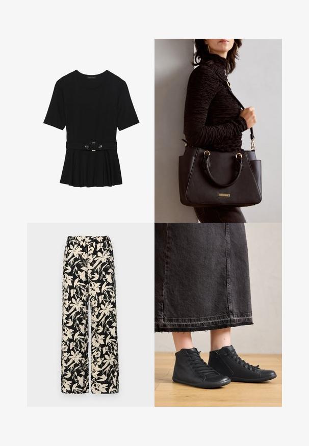 Crna majica kratkih rukava od glatkog materijala, s peplum dizajnom i pojasom s dva okrugla srebrna dugmeta.; Crne široke hlače s kremastim cvjetnim uzorkom. Izrađene od lagane tkanine, sa glatkom teksturom i visokim pojasom.; Crne kožne visoke cipele s glatkom teksturom, s vezicama i bočnim patentnim zatvaračem. Nnosene s dugom crnom traper suknjom.; Crna torba s teksturiranom površinom, dvostrukim gornjim ručkama i podesivom remenom za rame. Ima zlatne metalne detalje i bočne džepove.