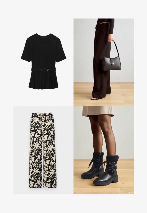 Top negro de manga corta fabricado en un material suave, con un diseño de peplum y una cintura ceñida con un cinturón que incluye dos botones redondos en tono plateado.; Pantalones de pierna ancha negros con un patrón floral crema. Fabricados en un tejido ligero, con una textura suave y una cintura alta.; Tamaris Botines con cordones - black; Bolso negro con forma estructurada, textura suave y un cierre metálico. Combinado con pantalones anchos negros y sandalias de dedo en un suelo de madera.