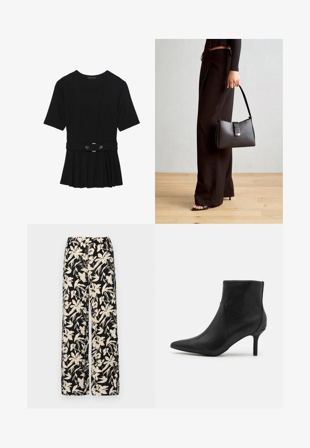 Fekete, rövid ujjú felső sima anyagból, peplum fazonnal és övvel a deréknál, két kerek, ezüst árnyalatú gombbal.; Fekete, bő szárú nadrág krém színű virágmintával. Könnyű anyagból készült, sima tapintású és magas derékrésszel rendelkezik.; Anna Field Bokacsizmák - black; Fekete kézi táska strukturált formával, sima textúrával és fémből készült záródással. Széles fekete nadrággal és nyitott orrú szandállal párosítva, fából készült padlón.
