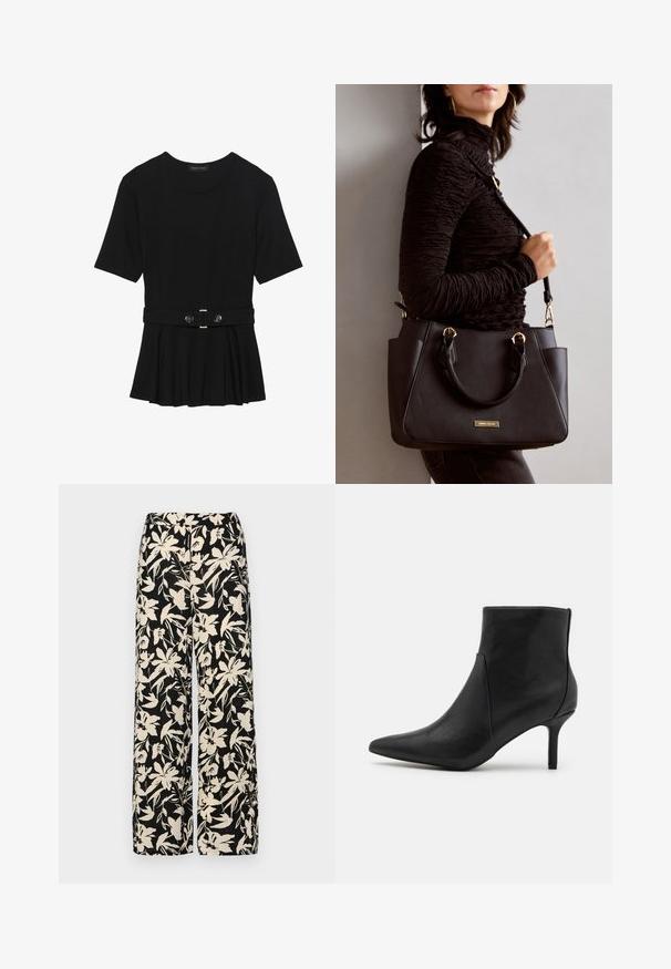 Black short-sleeve top made of smooth material, featuring a peplum design and a belted waist with two round, silver-tone buttons.; Black wide-leg pants with a cream floral pattern. Made of lightweight fabric, featuring a smooth texture and a high waistband.; Anna Field Ankle boots - black; Black handbag with textured surface, dual top handles, and adjustable shoulder strap. Features gold-tone hardware and side pockets.