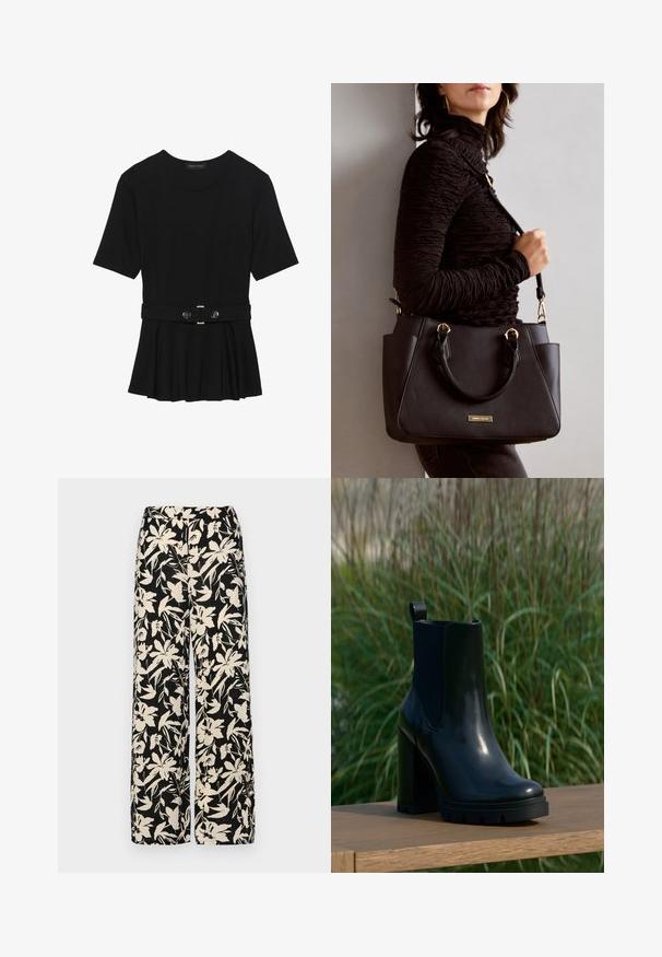 Črn kratek rokav srajca iz gladkega materiala, z obliko pepluma in pasom s pasom ter dvema okroglega srebrno-toniranima gumboma.; Črne široke hlače z kremnim cvetličnim vzorcem. Narejene so iz lahkega blaga, ki ima gladko teksturo in visok pas.; Črne sijoče usnjene gležnjarje z debelim visokim peto in zanko za poteg, prikazane na leseni površini s hrastovo zeleno travo v ozadju.; Črna torbica z teksturirano površino, z dvema zgornjima ročajema in nastavljivim ramenskim pasom. Ima zlatovrateče dodatke in stranske žepe.