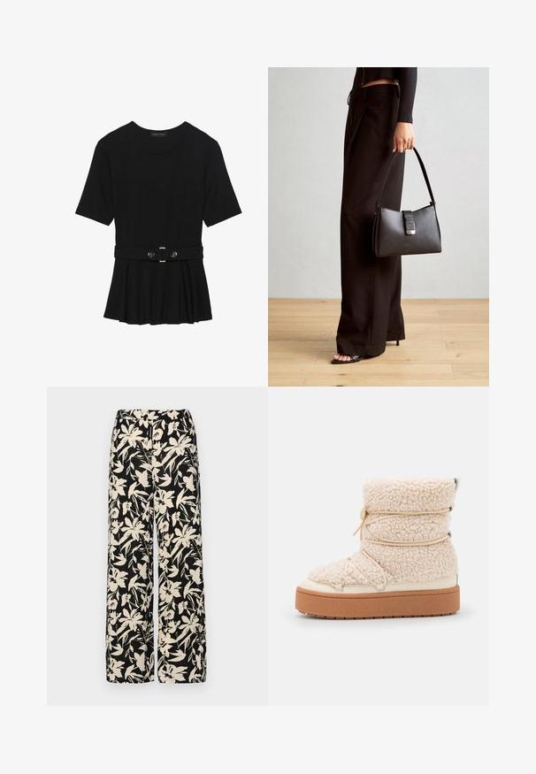 Top negru cu mâneci scurte, realizat dintr-un material neted, cu un design peplum și o talie beltată cu două butoane rotunde de culoare argintie.; Pantaloni negri cu croi larg, decorati cu un model floral crem. Fabricati dintr-un material usor, avand o textura neteda si un talie inalta.; Botine din blană shearling chunky, cu un finisaj texturat, detalii elastice și o talpă groasă din brun. Accente din metal argintiu prezente.; Genți negre cu o formă structurată, textură netedă și un închizător metalic. Asortată cu pantaloni negri largi și sandale cu vârf deschis pe un podea din lemn.