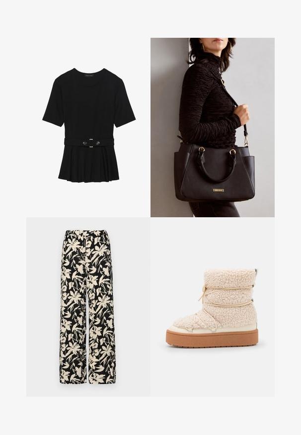 Black short-sleeve top made of smooth material, featuring a peplum design and a belted waist with two round, silver-tone buttons.; Black wide-leg pants with a cream floral pattern. Made of lightweight fabric, featuring a smooth texture and a high waistband.; Chunky cream shearling ankle boot with a textured finish, elastic details, and a thick brown platform sole. Silver hardware accents present.; Black handbag with textured surface, dual top handles, and adjustable shoulder strap. Features gold-tone hardware and side pockets.