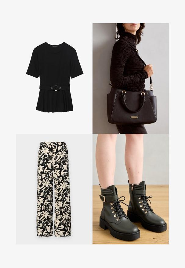 Svart kortermet topp laget av glatt materiale, med en peplum-design og en belted midje med to runde knapper i sølvfarge.; Sorte vide bukser med et cremet blomster mønster. Fremstillet af letvægtsstof, med en glat tekstur og en høj talje.; Mørkegrønne ankelstøvler lavet af glat læder, med snøre, guldfarvede øjer og en sidelukning, samt en kraftig sort sål med mønster.; Svart håndveske med teksturert overflate, doble topphåndtak og justerbar skulderrem. Har detaljer i gulltone og sidelommer.