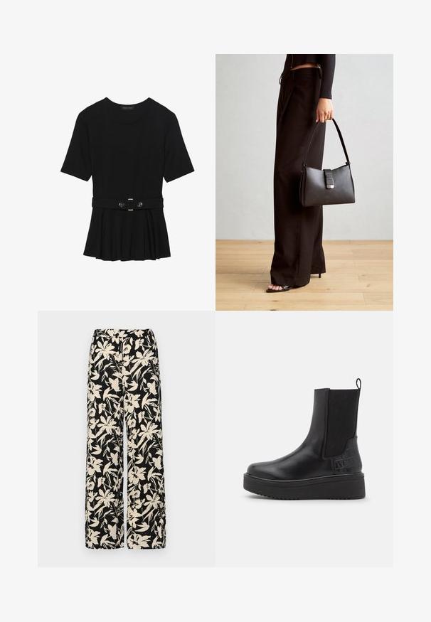 Svart kortermet topp laget av glatt materiale, med en peplum-design og en belted midje med to runde knapper i sølvfarge.; Sorte vide bukser med et cremet blomster mønster. Fremstillet af letvægtsstof, med en glat tekstur og en høj talje.; Sorte skinn ankelstøvler med elastiske sidepaneler, teksturerte krokodillemønster detaljer, chunky plattformsåle og håndtak.; Svart håndveske med strukturert form, jevn tekstur og metallisk lås. Kombinert med brede svarte bukser og sandaler med åpen tå på tregulv.