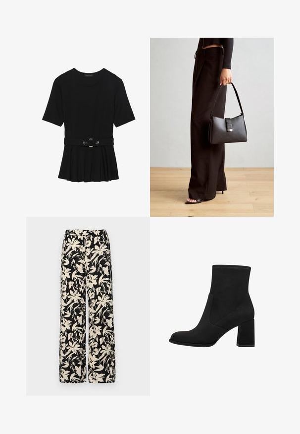 Black short-sleeve top made of smooth material, featuring a peplum design and a belted waist with two round, silver-tone buttons.; Black wide-leg pants with a cream floral pattern. Made of lightweight fabric, featuring a smooth texture and a high waistband.; Black ankle boots with a block heel, made of soft suede. Features a rounded toe and smooth side panels with stitching detail.; Black handbag with structured shape, smooth texture, and a metallic clasp. Paired with wide black pants and open-toe sandals on wooden floor.