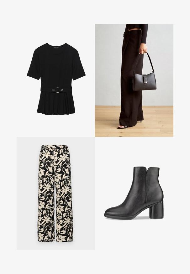 Top negro de manga corta fabricado en un material suave, con un diseño de peplum y una cintura ceñida con un cinturón que incluye dos botones redondos en tono plateado.; Pantalones de pierna ancha negros con un patrón floral crema. Fabricados en un tejido ligero, con una textura suave y una cintura alta.; Bota de cuero negra hasta el tobillo con punta redondeada, tacón bloque de altura media y textura suave. Presenta un diseño minimalista y una parte trasera con corte.; Bolso negro con forma estructurada, textura suave y un cierre metálico. Combinado con pantalones anchos negros y sandalias de dedo en un suelo de madera.