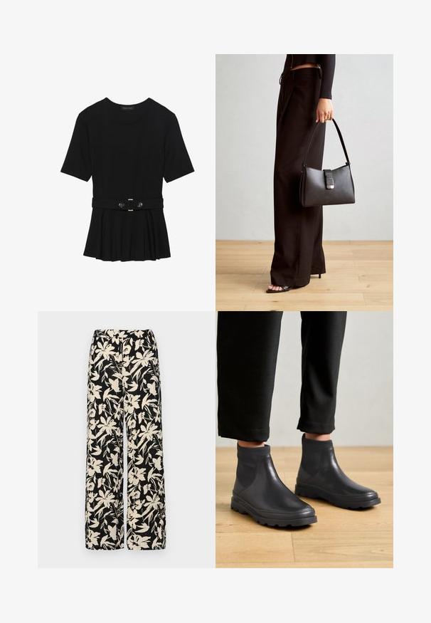 Czarna bluzka krótki rękaw wykonana z gładkiego materiału, z fasonem peplum i paskiem w talii z dwoma okrągłymi, srebrnymi guzikami.; Czarne spodnie wide-leg z kremowym kwiatowym wzorem. Wykonane z lekkiego materiału, o gładkiej teksturze i wysokim staniku.; Camper BRUTUS czarny; Czarna torebka o usztywnionym kształcie, gładkiej fakturze i metalowym zapięciem. Połączona z szerokimi czarnymi spodniami i sandałami na otwartym palcu na drewnianej podłodze.