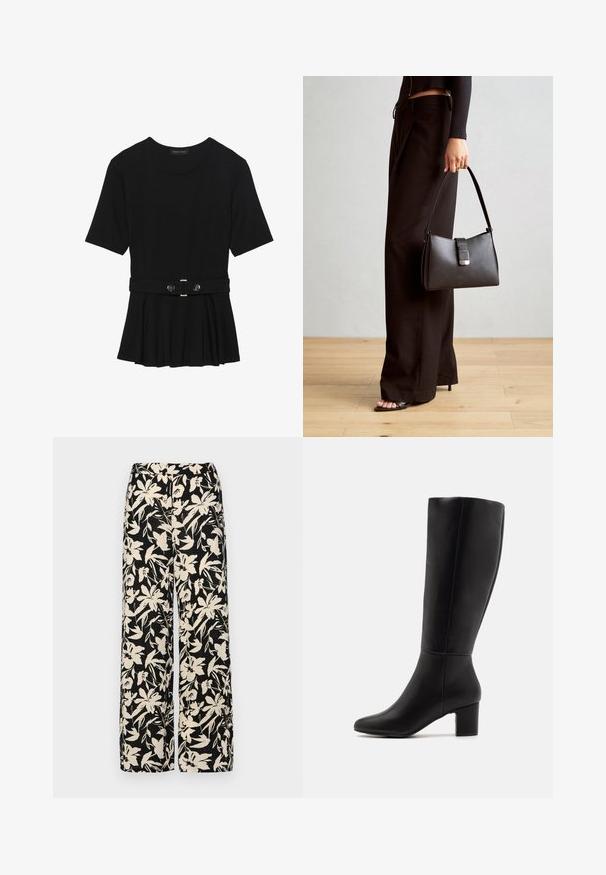 Fekete, rövid ujjú felső sima anyagból, peplum fazonnal és övvel a deréknál, két kerek, ezüst árnyalatú gombbal.; Fekete, bő szárú nadrág krém színű virágmintával. Könnyű anyagból készült, sima tapintású és magas derékrésszel rendelkezik.; Anna Field Csizmák - black; Fekete kézi táska strukturált formával, sima textúrával és fémből készült záródással. Széles fekete nadrággal és nyitott orrú szandállal párosítva, fából készült padlón.