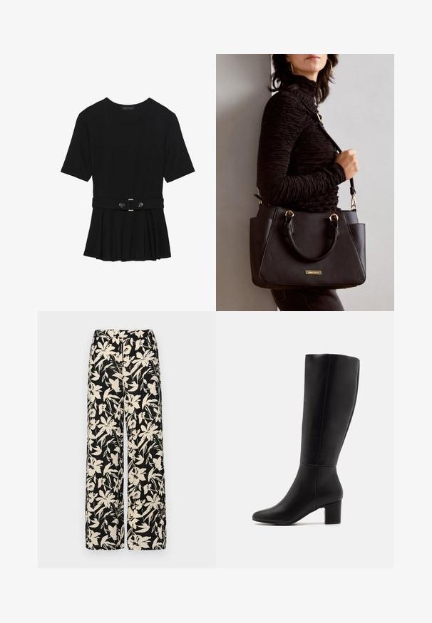 Czarna bluzka krótki rękaw wykonana z gładkiego materiału, z fasonem peplum i paskiem w talii z dwoma okrągłymi, srebrnymi guzikami.; Czarne spodnie wide-leg z kremowym kwiatowym wzorem. Wykonane z lekkiego materiału, o gładkiej teksturze i wysokim staniku.; Anna Field - Kozaki; Czarna torebka z teksturowanej powierzchni, podwójnymi uchwytami na górze i regulowanym paskiem na ramię. Posiada złote okucia i boczne kieszenie.