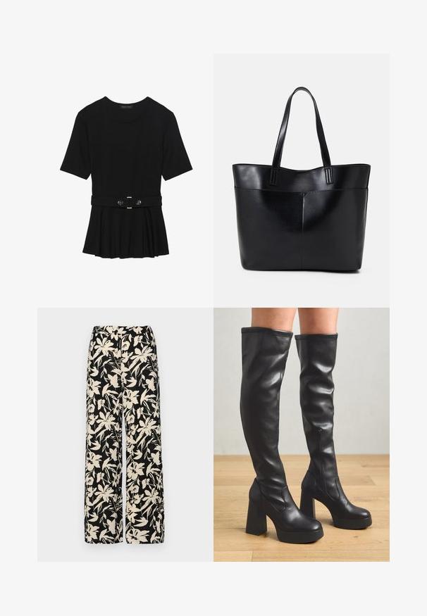 Black short-sleeve top made of smooth material, featuring a peplum design and a belted waist with two round, silver-tone buttons.; Black wide-leg pants with a cream floral pattern. Made of lightweight fabric, featuring a smooth texture and a high waistband.; Black thigh-high boots made of smooth leather with a chunky platform and block heel; features a side zipper and seamless upper design.; Black leather tote bag with two long handles, a smooth texture, and a structured shape. Features a front pocket for additional storage.
