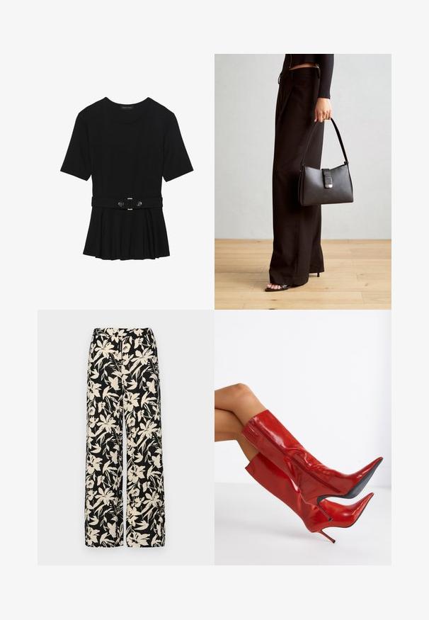Haut noir à manches courtes fabriqué en matériau lisse, avec un design peplum et une taille ceinturée ornée de deux boutons ronds en métal argenté.; Pantalon large noir avec un motif floral crème. Fabriqué en tissu léger, il présente une texture lisse et une taille haute.; Bottes rouges, haute brillance, jusqu'aux cuisses, à bout pointu et talon aiguille. Présentent une fermeture éclair sur le côté et une finition lisse et élégante.; Sac à main noir à la forme structurée, texture lisse et fermoir métallique. Associé à un pantalon noir ample et des sandales ouvertes sur un sol en bois.