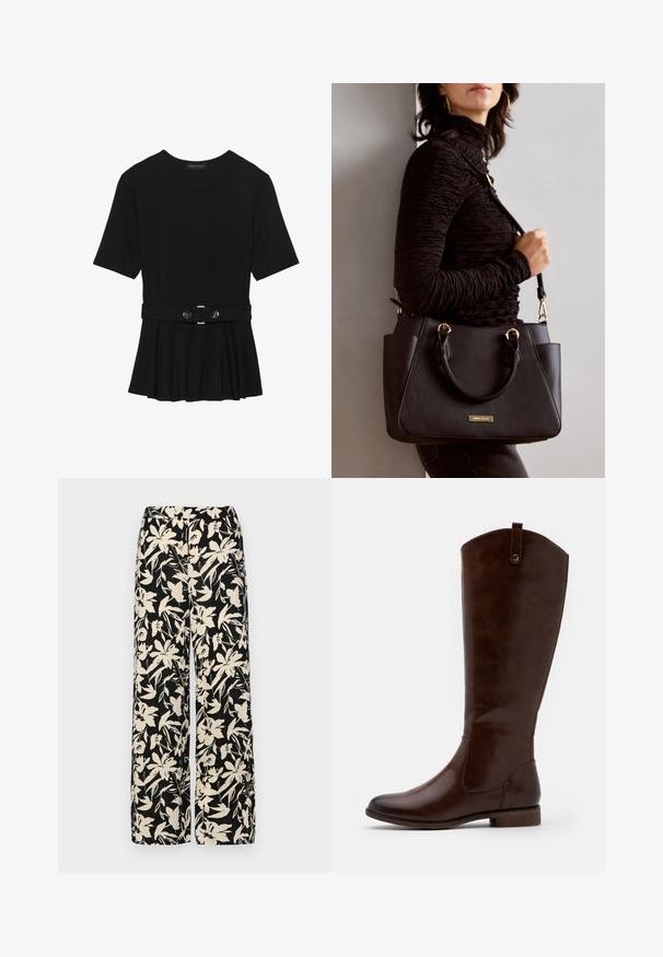 Must mustriga lühikeste varrukatega tipp, valmistatud siledast materjalist, millel on peplum-disain ja vöödiga talje, millel on kaks ümmargust, hõbedase tooni nuppu.; Mustad laiad püksid kreemja lillemustriga. Valmistatud kergest kangast, millel on sile tekstuur ja kõrge vöökoht.; Prunadest kõrge kontsaga saapad, mis on valmistatud siledast nahast, ümarate varvastega, madala tindikontsaga ja peene õmblusmustriga külgedel.; Musthave must kott, millel on tekstuurne pind, kaks ülemist käepidet ja reguleeritav õlarihm. Omab kuldse tooni riistu ja külgtaskuid.