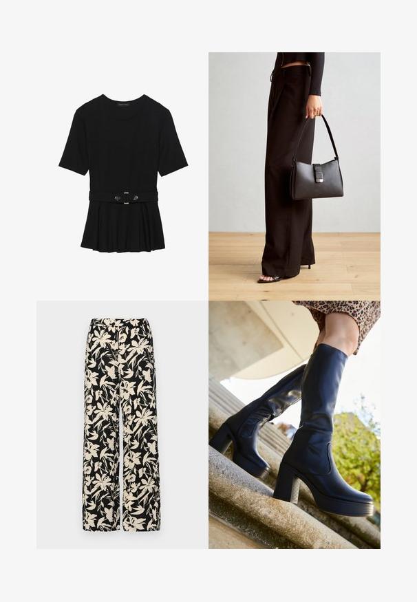 Črn kratek rokav srajca iz gladkega materiala, z obliko pepluma in pasom s pasom ter dvema okroglega srebrno-toniranima gumboma.; Črne široke hlače z kremnim cvetličnim vzorcem. Narejene so iz lahkega blaga, ki ima gladko teksturo in visok pas.; mtng NEW - Škornji s platformo - black; Črna torbica z strukturirano obliko, gladko teksturo in kovinskim zaponko. Ujemajo se z širokimi črnimi hlačami in odprtimi sandali na lesenem tleh.