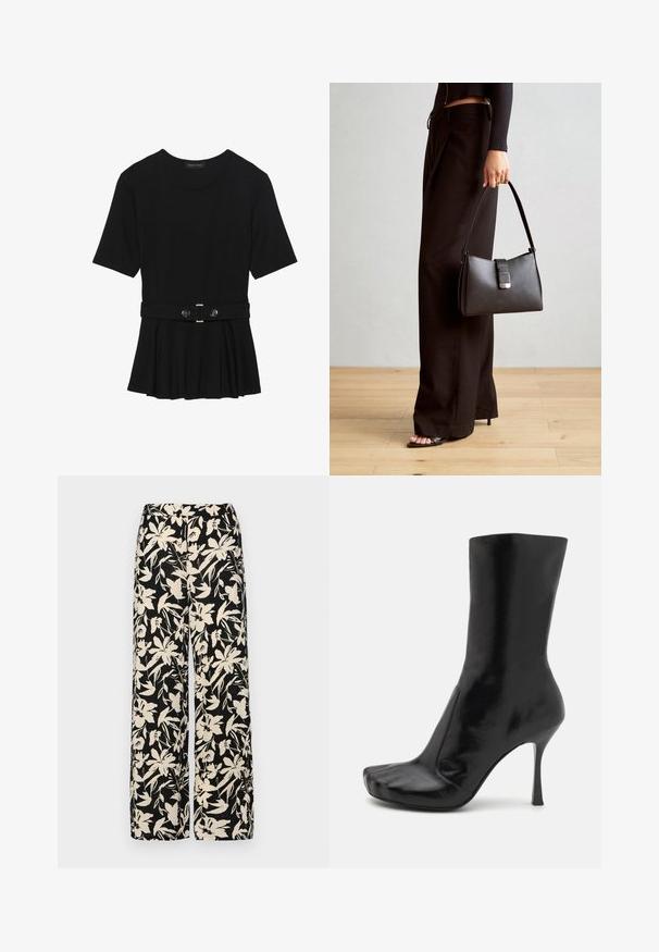 Black short-sleeve top made of smooth material, featuring a peplum design and a belted waist with two round, silver-tone buttons.; Black wide-leg pants with a cream floral pattern. Made of lightweight fabric, featuring a smooth texture and a high waistband.; Jeffrey Campbell VISIONARY - High heeled boots - black; Black handbag with structured shape, smooth texture, and a metallic clasp. Paired with wide black pants and open-toe sandals on wooden floor.