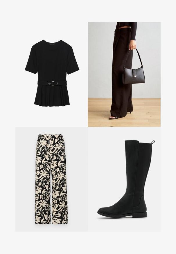 Melnas īsām piedurknēm topiņš, izgatavots no gludas materiāla, ar pepluma dizainu un jostu ar divām apaļām sudraba krāsas pogām.; Melni platie bikses ar krēmkrāsas ziedu rakstu. Izgatavotas no viegla auduma, kuram ir gluda tekstūra un augsta jostasvietas daļa.; Ceļa augstumā melni mākslīgās ādas zābaki ar gludu virsmu, elastīgām sānu paneļiem un zemu, plakanu zoli komfortam.; Melnā somiņa ar strukturētu formu, gludu tekstūru un metālu sprādzi. Saskaņota ar platām melnām biksēm un sandālēm ar atvērtu purngalu uz koka grīdas.