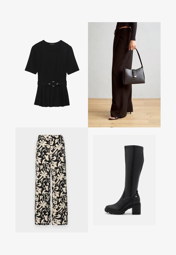 Haut noir à manches courtes fabriqué en matériau lisse, avec un design peplum et une taille ceinturée ornée de deux boutons ronds en métal argenté.; Pantalon large noir avec un motif floral crème. Fabriqué en tissu léger, il présente une texture lisse et une taille haute.; Bottes noires arrivant au genou en matériau synthétique lisse. Talon bloc épais et bout rond, avec un bouton d'accent latéral et un panneau élastique.; Sac à main noir à la forme structurée, texture lisse et fermoir métallique. Associé à un pantalon noir ample et des sandales ouvertes sur un sol en bois.