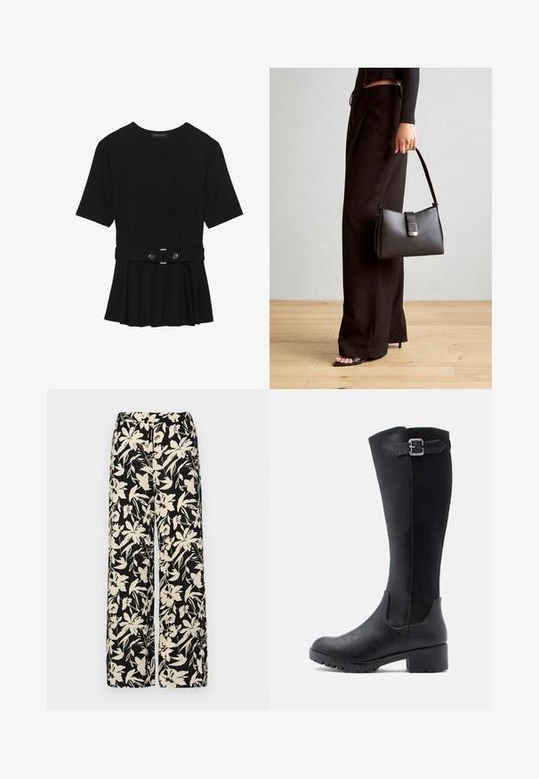 Top corto nero a maniche corte realizzato in materiale liscio, con design peplum e vita cintata adornata da due bottoni tondi in tono argento.; Pantaloni larghi neri con un motivo floreale crema. Realizzati in tessuto leggero, con una texture liscia e una vita alta.; Stivale nero al ginocchio con fronte in pelle liscia, pannelli in rete e tacco basso a blocco con dettaglio di cinturino e fibbia.; Borsa nera con forma strutturata, texture liscia e una chiusura metallica. Abbinata a pantaloni neri larghi e sandali open-toe su un pavimento in legno.