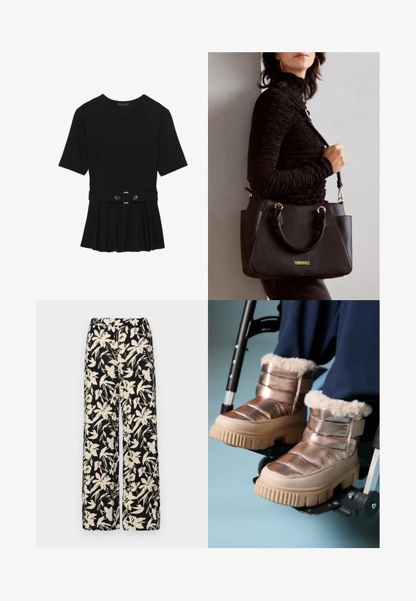 Black short-sleeve top made of smooth material, featuring a peplum design and a belted waist with two round, silver-tone buttons.; Black wide-leg pants with a cream floral pattern. Made of lightweight fabric, featuring a smooth texture and a high waistband.; Person wearing metallic fur-lined winter boots resting feet on wheelchair footrests against a light blue background.; Black handbag with textured surface, dual top handles, and adjustable shoulder strap. Features gold-tone hardware and side pockets.