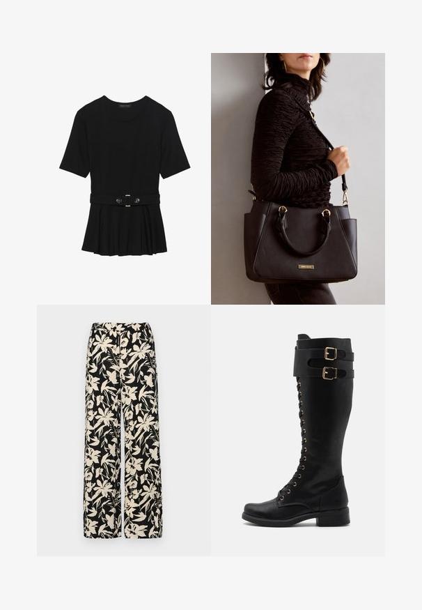 Juodas trumpomis rankovėmis viršus, pagamintas iš lygaus audinio, su peplum dizainu ir su diržu juosmenyje, papuoštas dviem apvaliomis sidabro spalvos mygtukais.; Juodos plačios kojos kelnės su grietinėlės spalvos gėlių raštu. Pagamintos iš lengvos medžiagos, pasižyminčios lygiapass viršutine tekstūra ir aukštu liemeniu.; Juodų odinių batų iki kelių, su auksiniais akcentais, su raišteliais priekyje, dviem sagtimis ir blokuoto pado kulnu.; Juodas rankinės maišelis su struktūrizuota paviršiumi, dvigubais viršutiniais rankenėlėmis ir reguliuojamu peties diržu. Įrengtas aukso spalvos furnitūra ir šoninės kišenės.