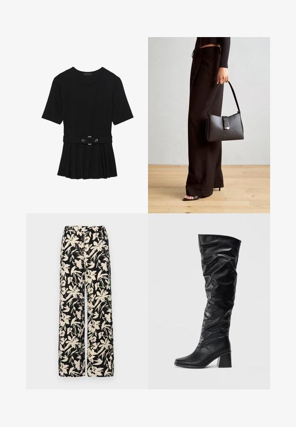 Czarna bluzka krótki rękaw wykonana z gładkiego materiału, z fasonem peplum i paskiem w talii z dwoma okrągłymi, srebrnymi guzikami.; Czarne spodnie wide-leg z kremowym kwiatowym wzorem. Wykonane z lekkiego materiału, o gładkiej teksturze i wysokim staniku.; Czarne kozaki sięgające do kolan, wykonane z błyszczącej skóry, z luźnym fasonem, szpiczastym noskiem i masywnym obcasem. Gładka struktura z subtelnym połyskiem.; Czarna torebka o usztywnionym kształcie, gładkiej fakturze i metalowym zapięciem. Połączona z szerokimi czarnymi spodniami i sandałami na otwartym palcu na drewnianej podłodze.