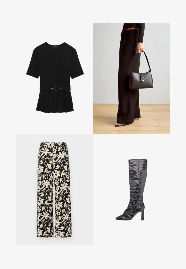 Top negro de manga corta fabricado en un material suave, con un diseño de peplum y una cintura ceñida con un cinturón que incluye dos botones redondos en tono plateado.; Pantalones de pierna ancha negros con un patrón floral crema. Fabricados en un tejido ligero, con una textura suave y una cintura alta.; Bota negra de lentejuelas hasta la rodilla con punta afilada, tacón estructurado y textura recogida a lo largo del eje para una silueta ajustada.; Bolso negro con forma estructurada, textura suave y un cierre metálico. Combinado con pantalones anchos negros y sandalias de dedo en un suelo de madera.