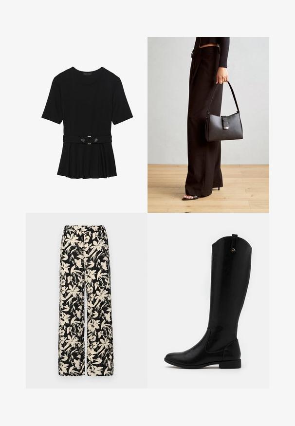 Black short-sleeve top made of smooth material, featuring a peplum design and a belted waist with two round, silver-tone buttons.; Black wide-leg pants with a cream floral pattern. Made of lightweight fabric, featuring a smooth texture and a high waistband.; Knee-high black boots made of smooth synthetic material, rounded toe, low block heel, with a tab at the top for ease of wear.; Black handbag with structured shape, smooth texture, and a metallic clasp. Paired with wide black pants and open-toe sandals on wooden floor.