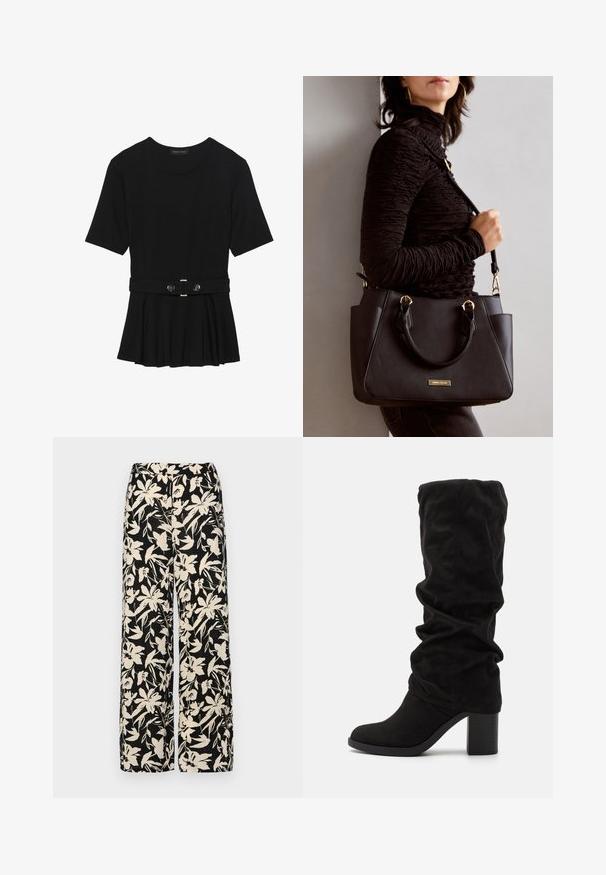 Zwart топ met korte mouwen van glad materiaal, voorzien van een peplum ontwerp en een riem in de taille met twee ronde, zilverkleurige knopen.; Zwarte wijde broek met een crèmekleurig bloemenpatroon. Gemaakt van lichtgewicht stof, met een zachte textuur en een hoge tailleband.; Anna Field Laarzen - black; Zwarte handtas met gestructureerd oppervlak, dubbele bovenhandvatten en verstelbare schouderriem. Voorzien van goudkleurige hardware en zijzakken.