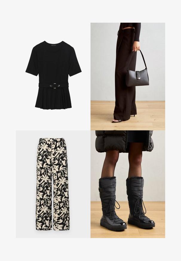 Fekete, rövid ujjú felső sima anyagból, peplum fazonnal és övvel a deréknál, két kerek, ezüst árnyalatú gombbal.; Fekete, bő szárú nadrág krém színű virágmintával. Könnyű anyagból készült, sima tapintású és magas derékrésszel rendelkezik.; Térd magas, fekete puffertáska csizmák műszőrme díszítéssel, fényes vízálló felsőrésszel, texturált talppal és állítható fűződíszítéssel.; Fekete kézi táska strukturált formával, sima textúrával és fémből készült záródással. Széles fekete nadrággal és nyitott orrú szandállal párosítva, fából készült padlón.