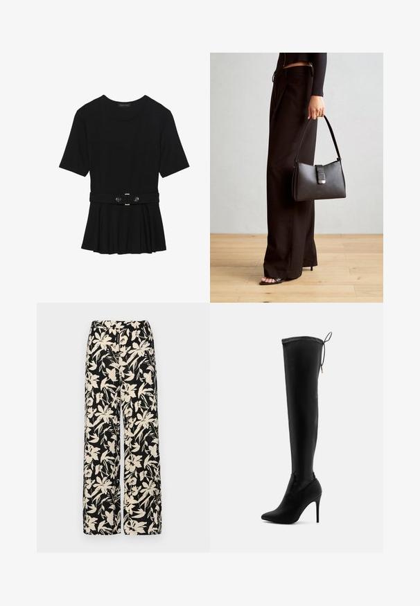 Černé krátké tričko vyrobené z hladkého materiálu, s peplum designem a opaskem v pase, ozdobené dvěma kulatými, stříbrnými knoflíky.; Černé kalhoty s širokými nohavicemi a krémovým květinovým vzorem. Vyrobené z lehké tkaniny, s hladkým povrchem a vysokým pasem.; Černé kozačky nad kolena vyrobené z hladkého syntetického materiálu, s špičatou špičkou, vysokým jehlovým podpatkem a nastavitelnými šňůrkovými detaily na vrchu.; Černá kabelka se strukturovaným tvarem, hladkým povrchem a kovovým uzávěrem. Kombinována s širokými černými kalhotami a sandály s otevřenou špičkou na dřevěné podlaze.