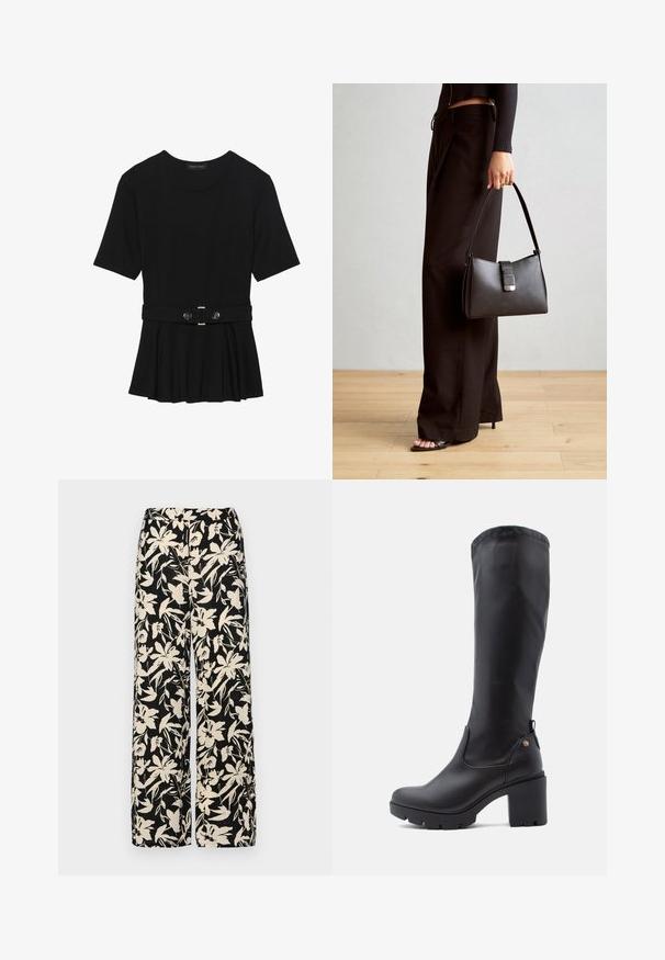 Haut noir à manches courtes fabriqué en matériau lisse, avec un design peplum et une taille ceinturée ornée de deux boutons ronds en métal argenté.; Pantalon large noir avec un motif floral crème. Fabriqué en tissu léger, il présente une texture lisse et une taille haute.; Bottes noires montantes en cuir lisse avec un bout carré, un talon épais et une semelle en caoutchouc texturé. Présente un détail de logo discret.; Sac à main noir à la forme structurée, texture lisse et fermoir métallique. Associé à un pantalon noir ample et des sandales ouvertes sur un sol en bois.
